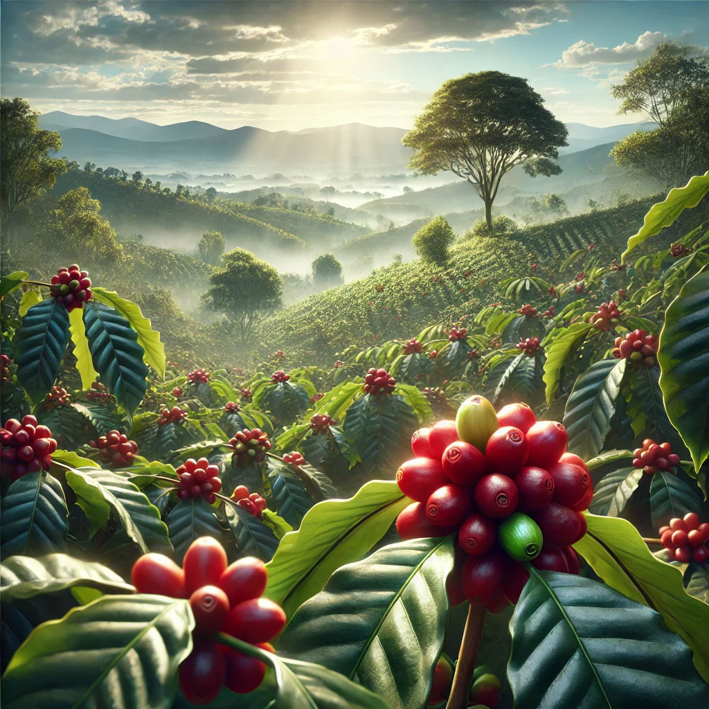 A-realistic-image-of-a-coffee-plantation-with-ripe-coffee-cherries-on-the-plant